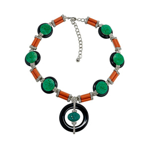 Art Deco Jade Coral and Black Necklace