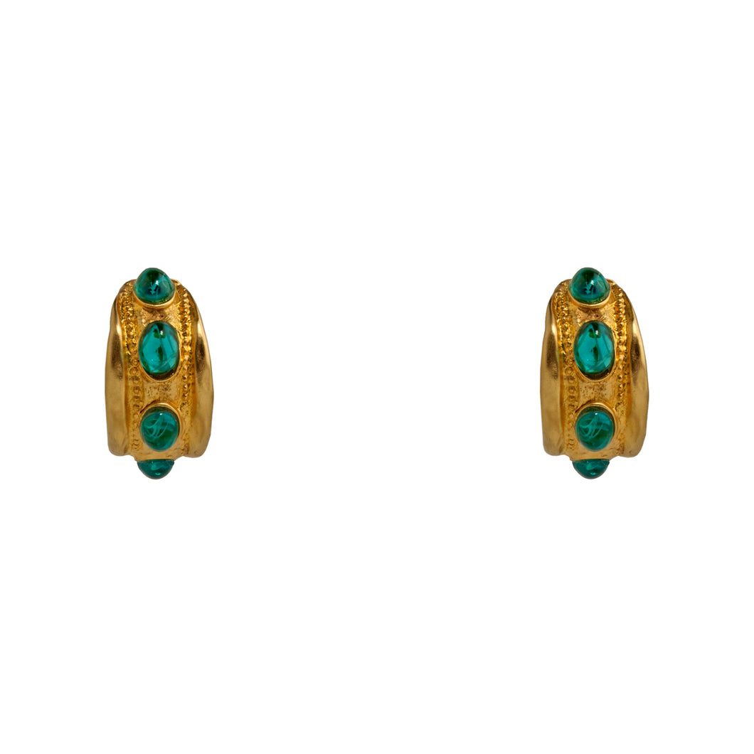 Earrings Green Cabochon Golden Hoops
